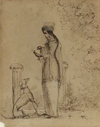 Eine Frau mit einem Hund und Vogel, ca. 1850-51
